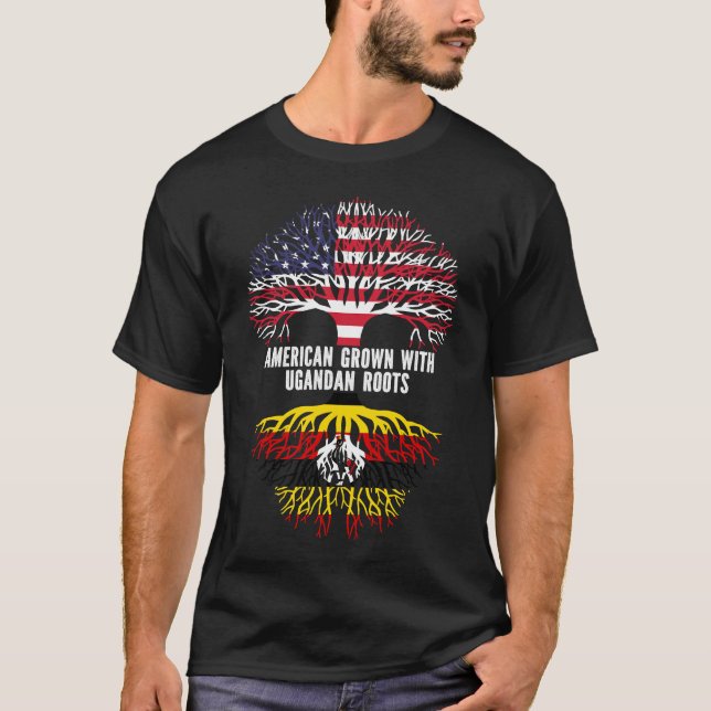 Camiseta American Grown com bandeira da Uganda Roots USA (Frente)