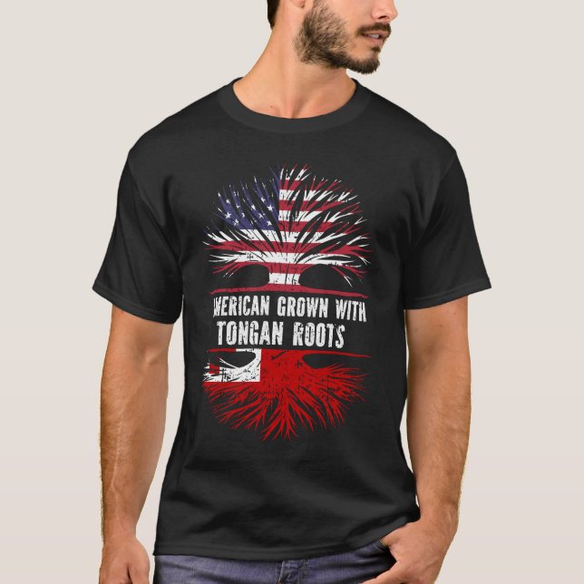Camiseta American Grown com bandeira de Tongan Roots USA (Frente)