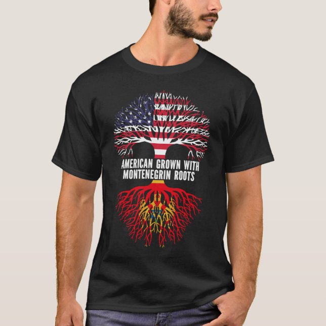 Camiseta American Grown com bandeira montenegrina nos EUA (Frente)