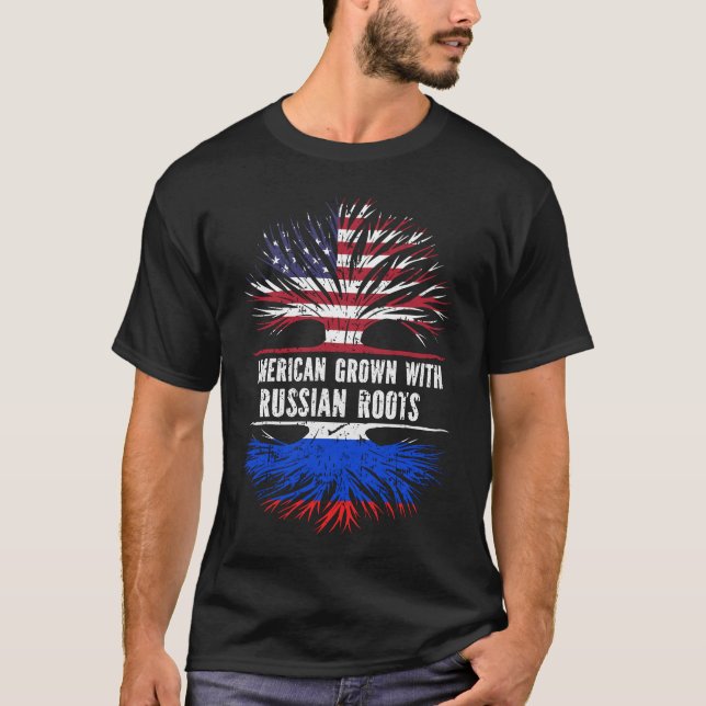 Camiseta American Grown com bandeira russa Roots USA (Frente)