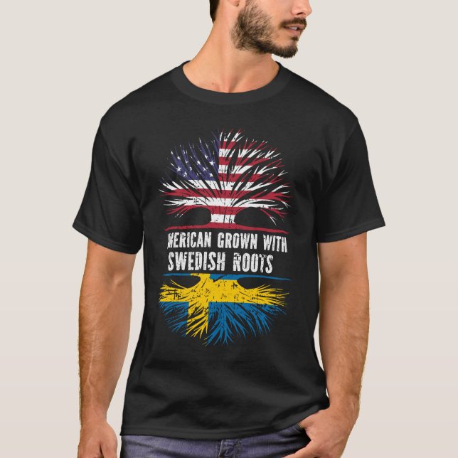 Camiseta American Grown com bandeira Sueca Roots USA (Frente)