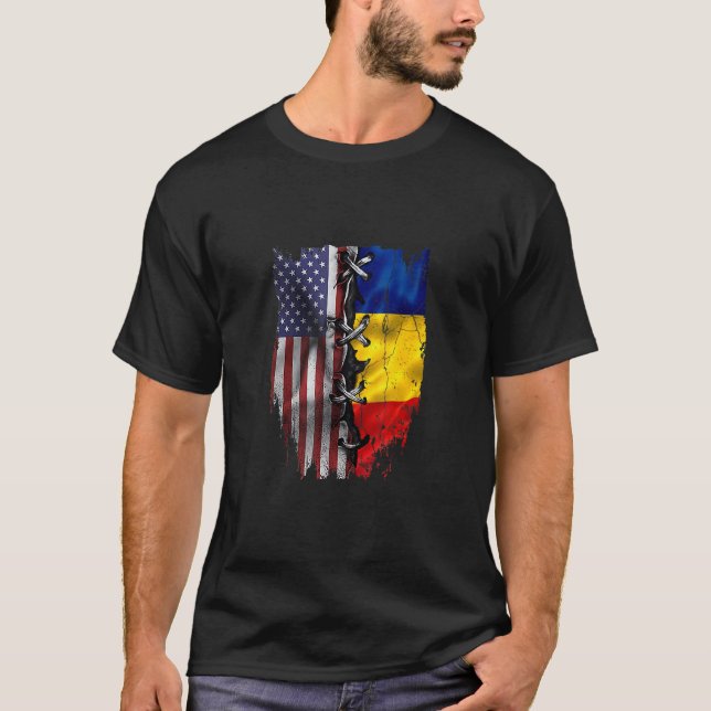 Camiseta American Grown Romanian Roots USA Romania Flag (Frente)