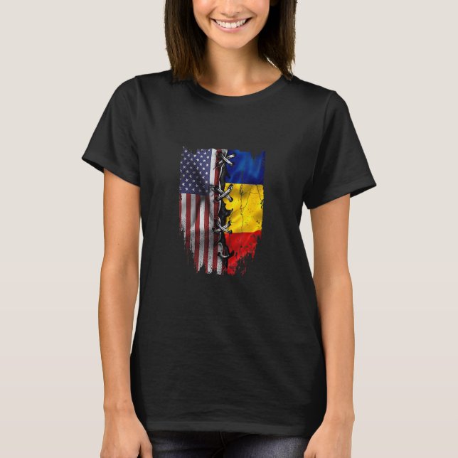 Camiseta American Grown Romanian Roots USA Romania Flag (Frente)