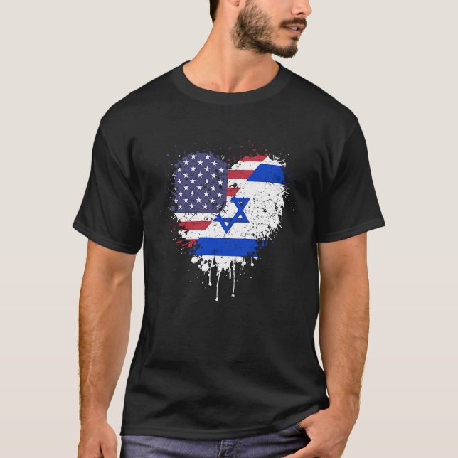 Camiseta American Israeli America USA Israel Flag Love Hear (Frente)