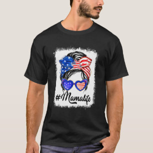Camiseta American Mama Life Messy Bun Bandeira Dos Eua 4 De