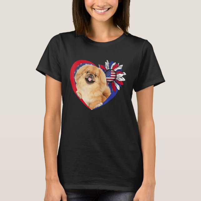Camiseta American Pekingese Dog Heart 4th Of July USA Flag  (Frente)