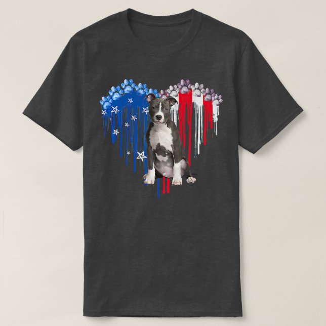 Camiseta American Pitbull Dog Heart 4 de julho USA Flag Pa (Frente do Design)