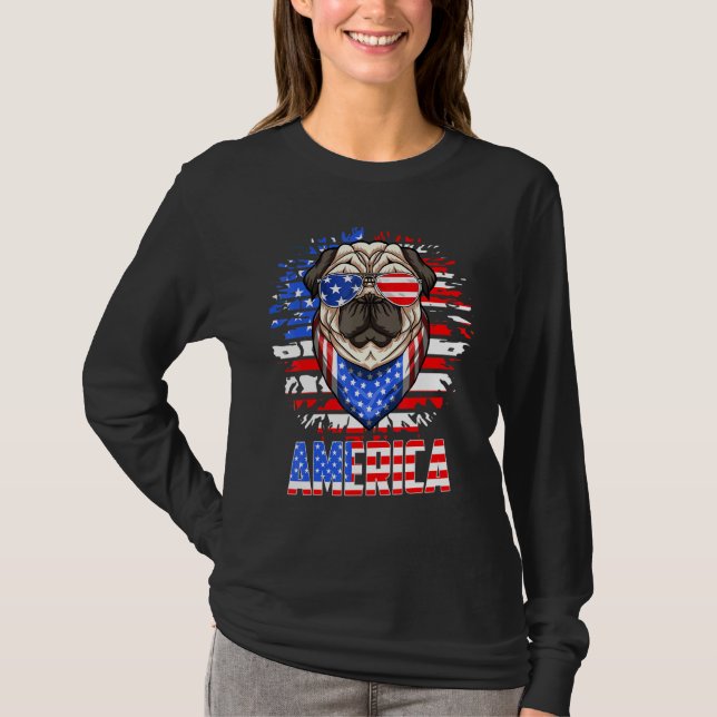 Camiseta American Pug Patriótico 4 De Julho Usa Flag Legal  (Frente)