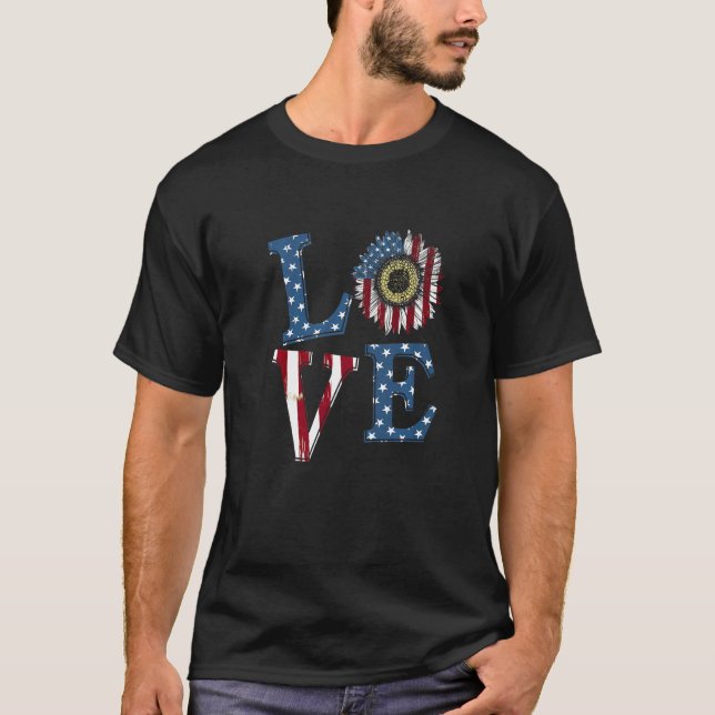 Camiseta American Usa Flag Independence Sunflower Happy 4th (Frente)