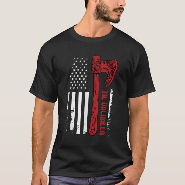 Camiseta American Viking Ax Flag - Til Valhalla - Norse My (Frente)