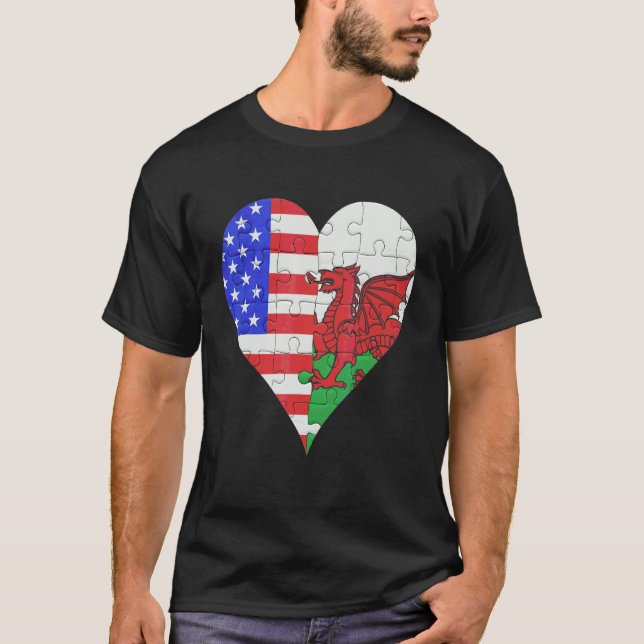 Camiseta American Welsh Flag Heart (Frente)