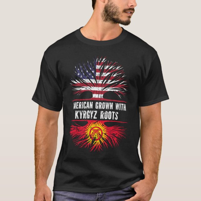 Camiseta Americano cresceu com a bandeira quirguiz roots US (Frente)