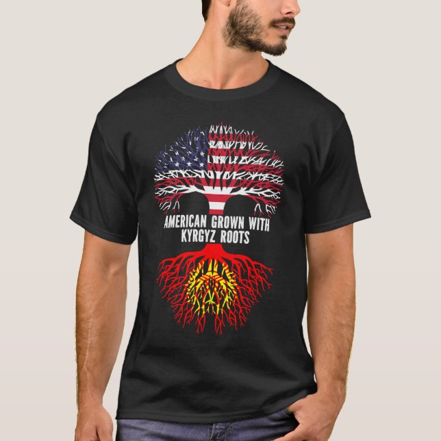 Camiseta Americano cresceu com a bandeira quirguiz roots US (Frente)