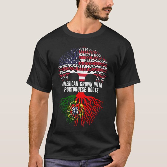 Camiseta Americano cresceu com bandeira portuguesa roots US (Frente)