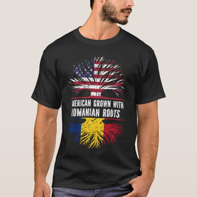 Camiseta Americano cresceu com bandeira romena roots USA (Frente)