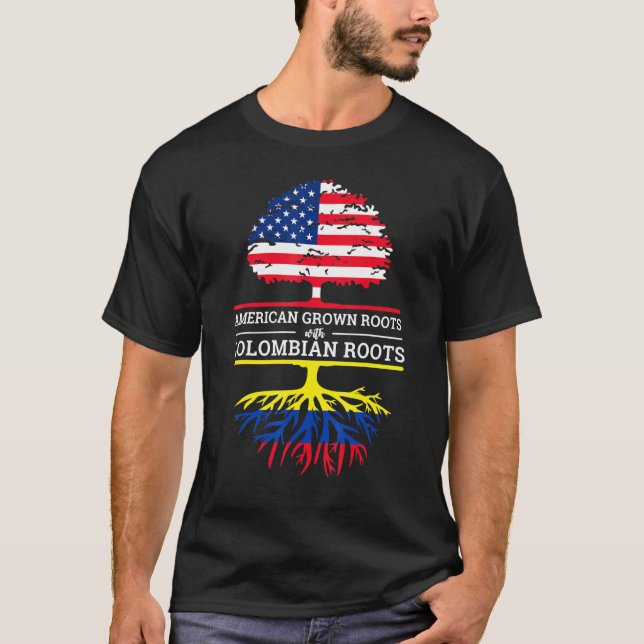 Camiseta Americano Cresceu com Raízes Colombianas Na Árvore (Frente)
