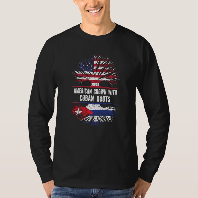 Camiseta Americano Cresceu Com Raízes Cubanas E Bandeira Do (Frente)