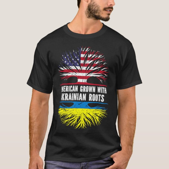 Camiseta Americano cresceu com raízes EUA e bandeira da Ucr (Frente)