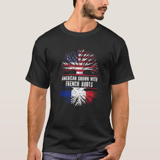Camiseta Americano Cresceu com Raízes Francesas EUA Bandeir (Frente)