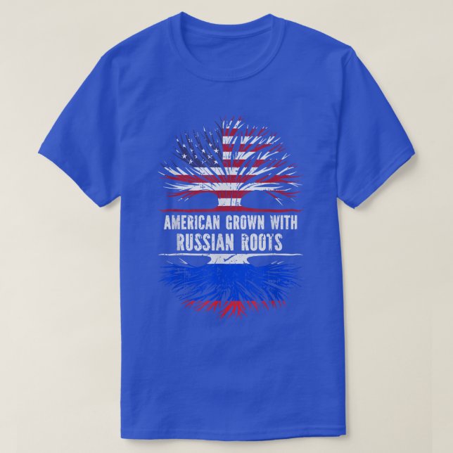 Camiseta Americano cresceu com raízes russas bandeira russa (Frente do Design)