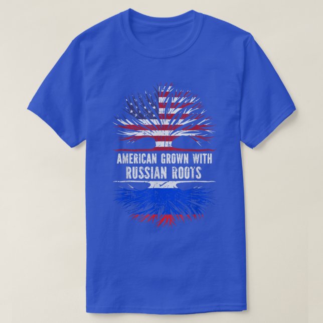 Camiseta Americano cresceu com raízes russas bandeira russa (Frente do Design)