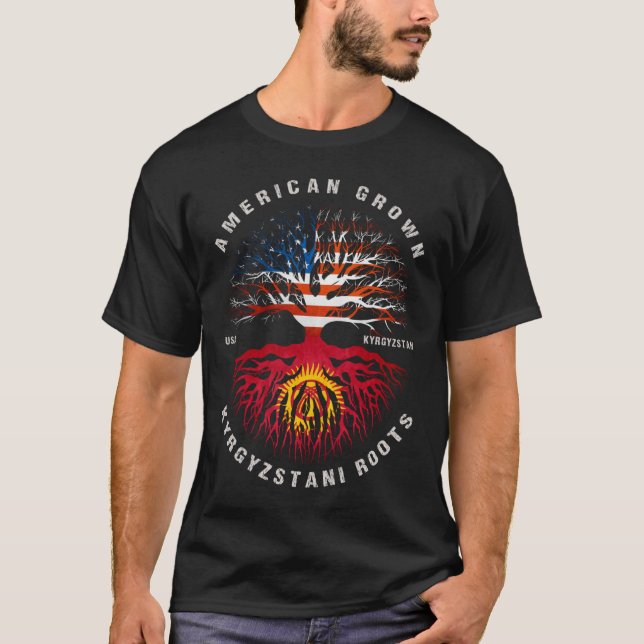 Camiseta Americano Cresceu Quirguistão Roota Bandeira do Qu (Frente)