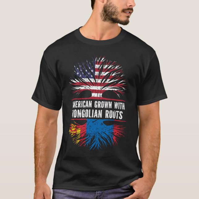Camiseta Americano crescido com a bandeira Mongol Roots USA (Frente)