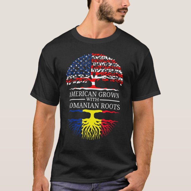 Camiseta Americano Crescido Com Raízes Romenas Usa Bandeira (Frente)