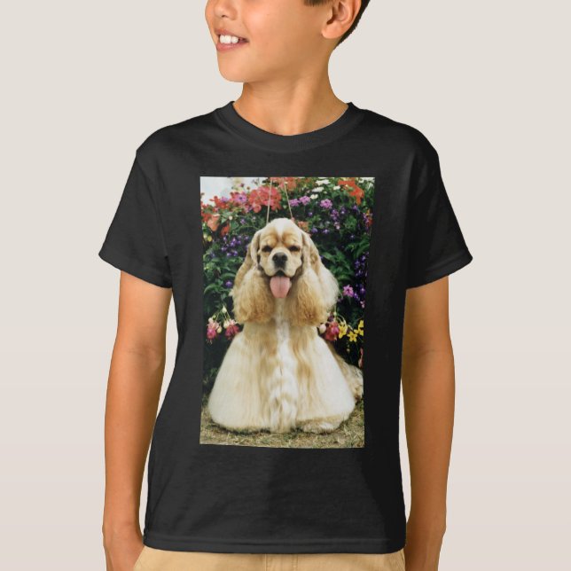 Camiseta Americano vermelho cocker spaniel, flores do (Frente)