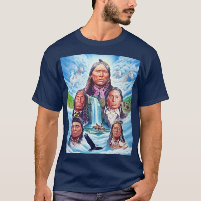 Camiseta Americanos nativos índios Mens Marinho Azul (Frente)