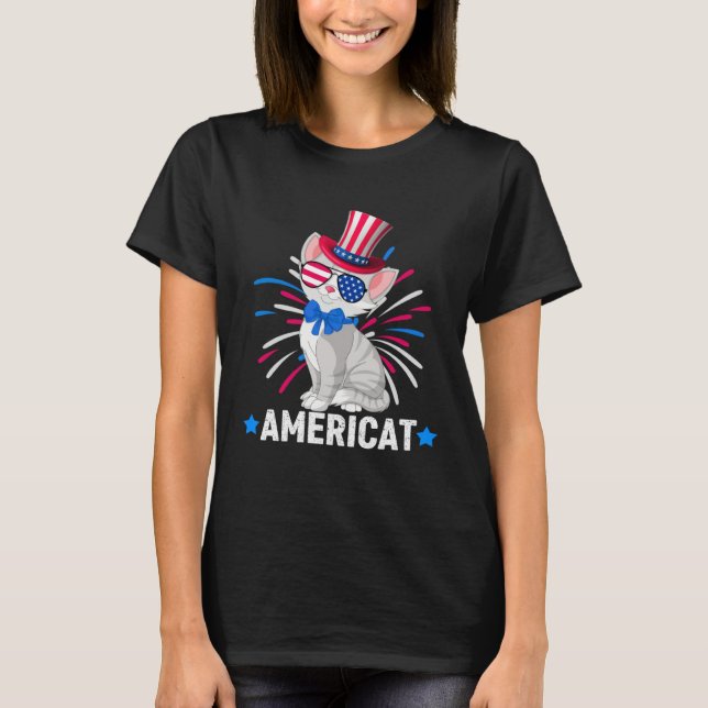 Camiseta Americat Kids 4th of July Gray Cat American Flag F (Frente)