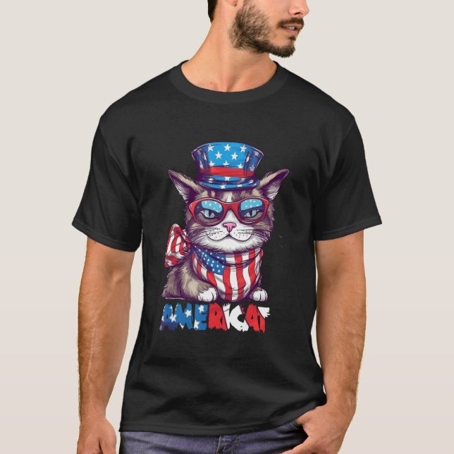 Camiseta Americat USA Cute Cat  4th of July Men Women (Frente)