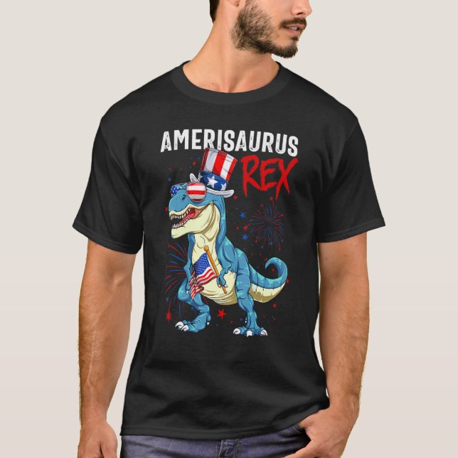Camiseta Amerisauro Dinossaur Rex Boy Fireworks 4th Of (Frente)