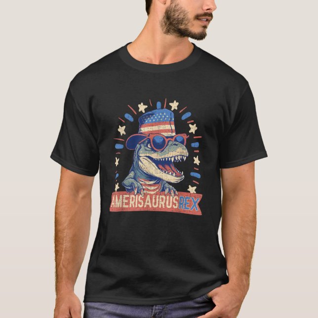 Camiseta Amerisauro Rex Funny Dinossauro Americano Bandeira (Frente)