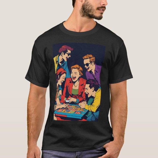 Camiseta "Amigos de Cartoon brincando com T-Shirt de Cartol (Frente)