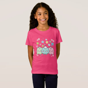 Camiseta Amigos e Estrelas Rosa Kawaii Pastel Fofos Gráfico