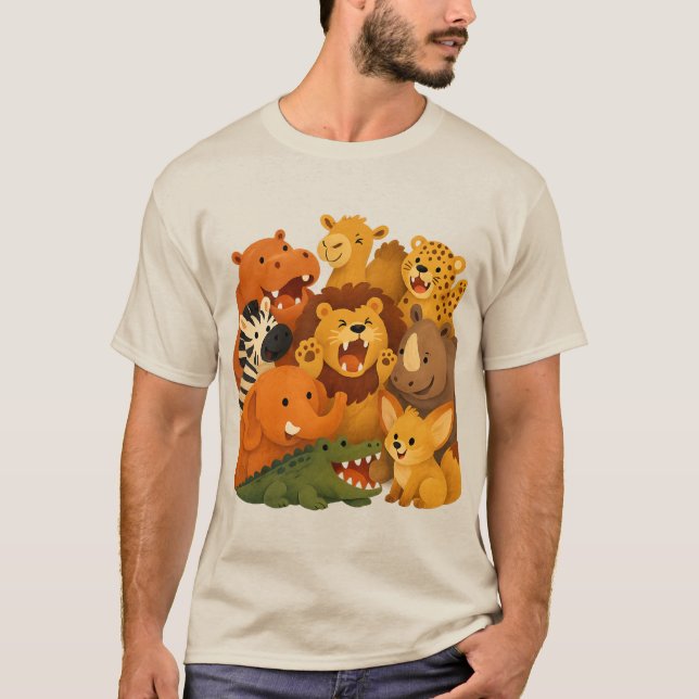 Camiseta Amigos Felizes de Animais da Savana. (Frente)