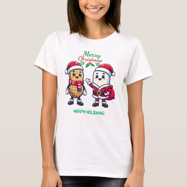 Camiseta Amigos Festivos: amendoim e marshmallow (Frente)