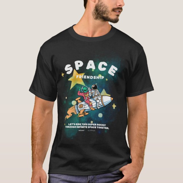 Camiseta Amizade espacial: Astronauta e Alienígena em um Fo (Frente)