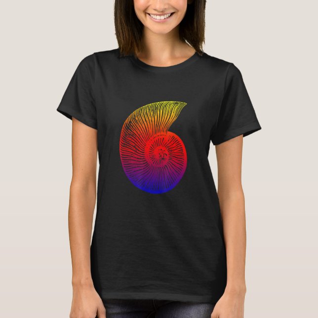 Camiseta Ammonite Vermelho Azul Amarelo Design (Frente)