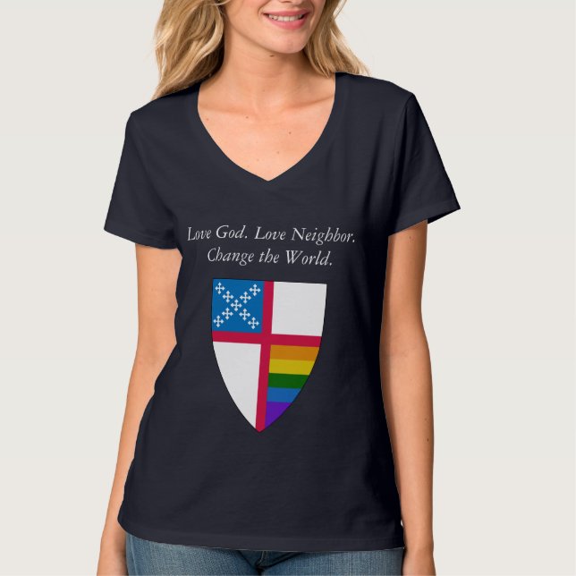 Camiseta Amo Deus. Vizinho do Amor. LGBTQ episcopal (Frente)