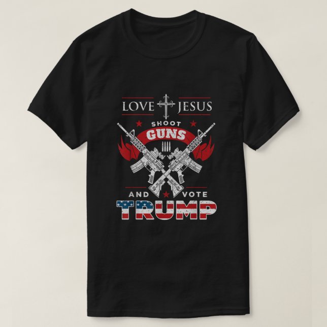 Camiseta Amo Jesus Atirar Armas E Votar Trump (Frente do Design)