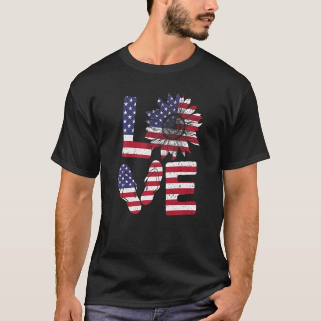 Camiseta Amor 4 De Julho Sacudir De Girassol Bandeira Ameri (Frente)