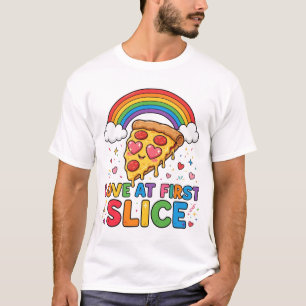 Camiseta Amor à primeira fatia Pizza Divertida com Arco-íri