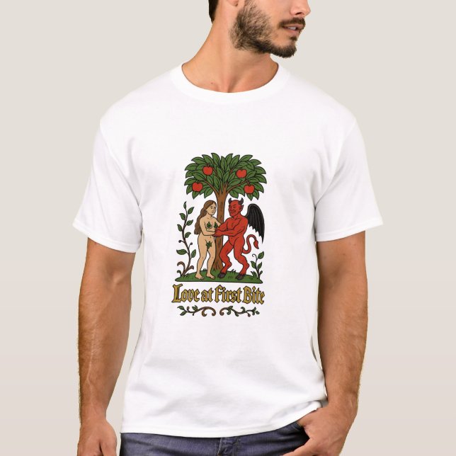 Camiseta Amor à Primeira Morte - Diabo Medieval e Eve Meme (Frente)