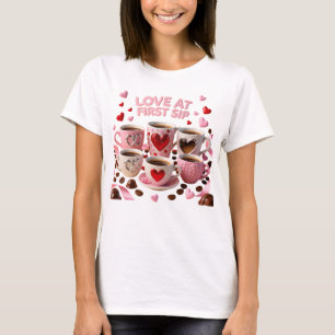 Camiseta Amor ao Primeiro Gole Cinco Xícaras de Café Motivo