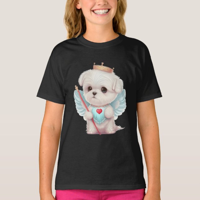 Camiseta Amor Celestial: Cachorro Maltês Bonito Anjo (Frente)