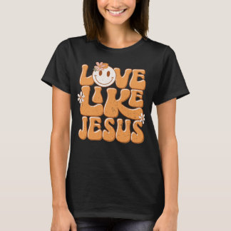 Camiseta Amor Como Jesus, Retro Laranja Feliz Rosto Cristão
