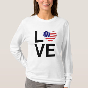 Camiseta AMOR Coração EUA Sinalizador Vermelho Branco e Azu