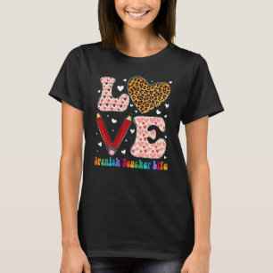 Camiseta Amor Coração Professora Espanhola Vida Xadrez Leop